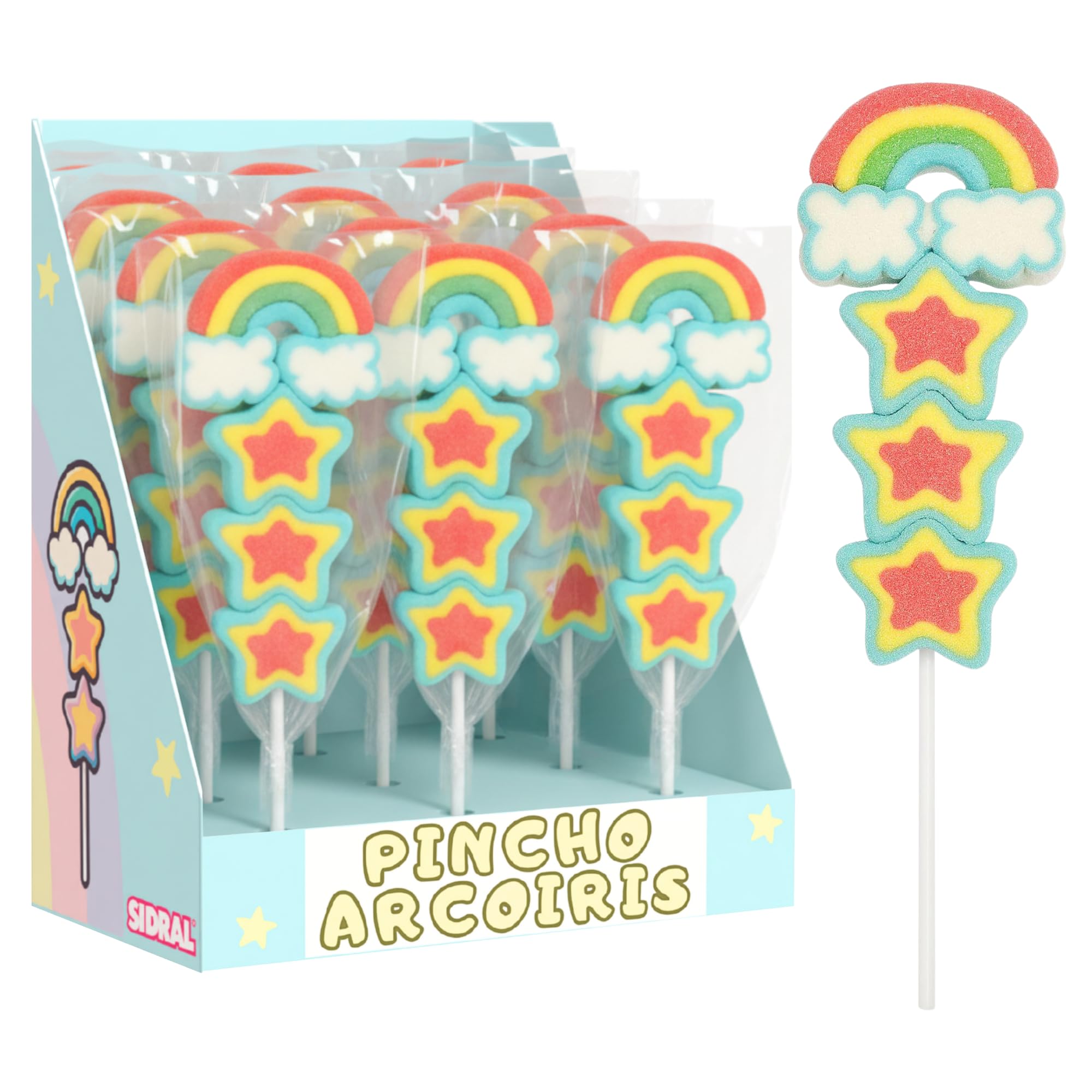 Primera Comunión Pinchos Estrellas con ArcoírisSabor Fresa, Sin Gluten, 16 Piruletas, 720 gr, Chuches para Mi Primera Comunión