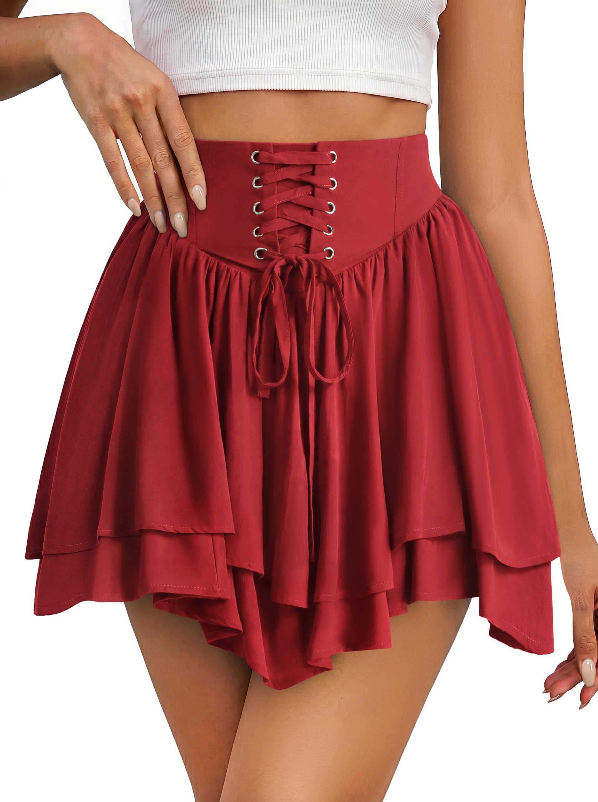 SCARLET DARKNESS Mini jupe asymétrique à volants taille haute pirate à lacets