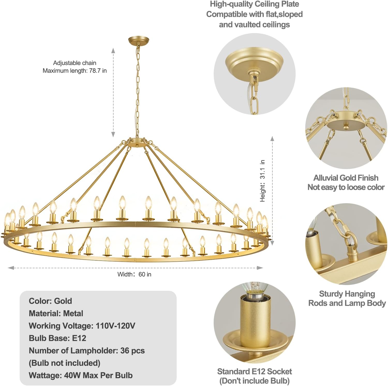 Gold Wagon Wheel Chandelier 60-Inch 36-Light,Extra Large Round Rustic Farmhouse Chandelier Metal Circle Chandeliers for Dining Room Living Room High Ceilings