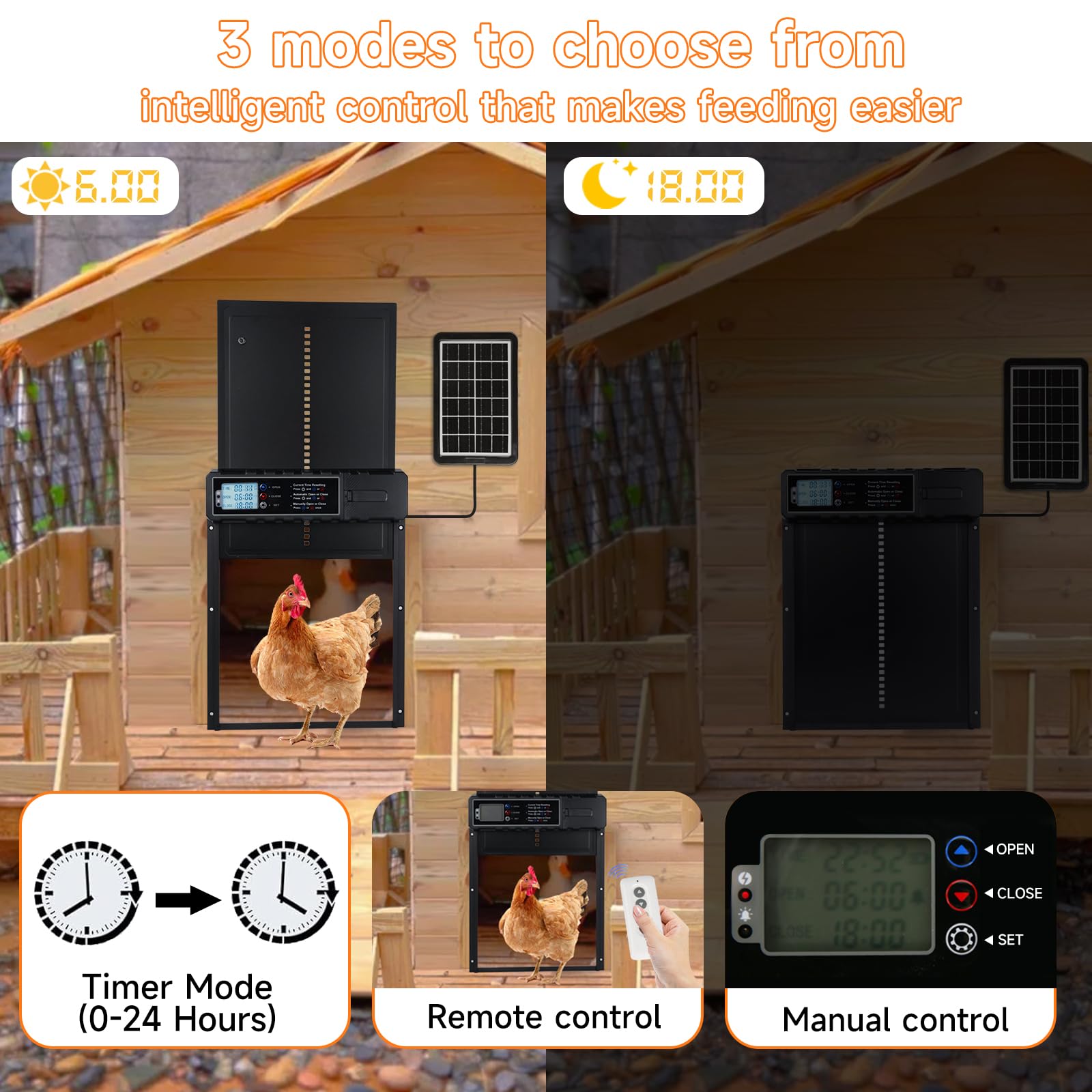 Grande porte automatique avec écran LCD, porte pour animaux de compagnie avec capteur solaire, porte automatique pour poulailler avec plusieurs modes de contrôle