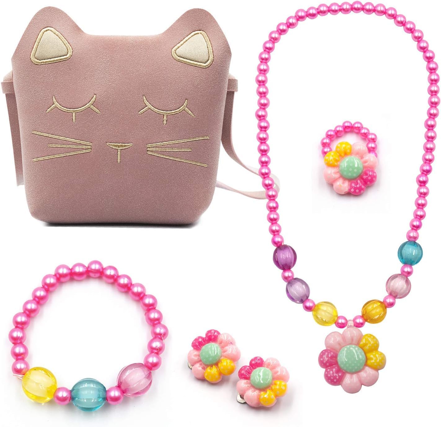 Toddler Play Jewelry for Little Girls,Children Kids Dress Up Pink Purse Bracelet Neclace Ring Earrings