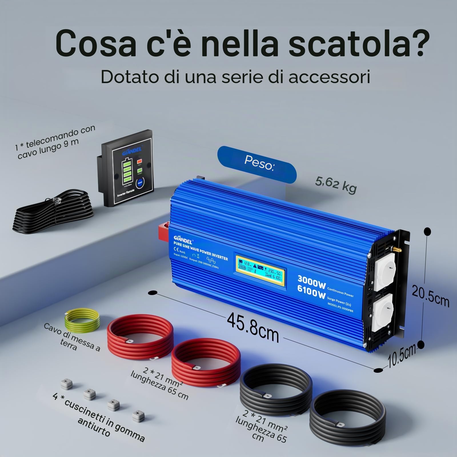 GIANDEL Inverter sinusoidale puro da 3000 W, 12 V a 230 V, potenza di picco 6100 W, compatibile con LiFePO4 Power Inverter con telecomando e USB-C PD 30 W, per camper, campeggio, roulotte