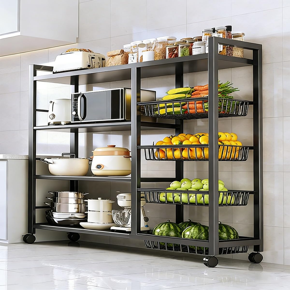 Carrito de almacenamiento rodante resistente, organizador de varios niveles con cestas de malla, estantes extraíbles para despensa de cocina, comestibles, aperitivos, 90 x 32 x 108 cm