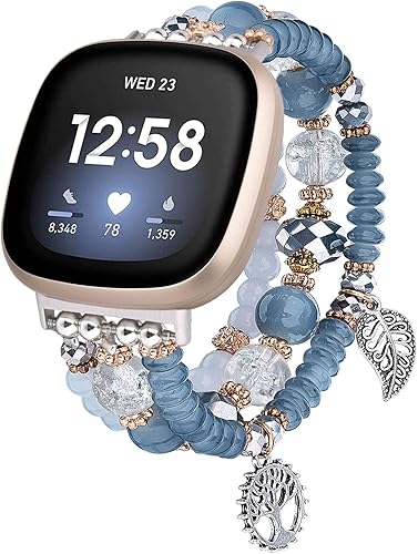 V-MORO Pulsera compatible con correas Fitbit Versa 4Sense 2 para mujer, correa elástica elegante con cuentas de repuesto para Fitbit Sense 2Versa
