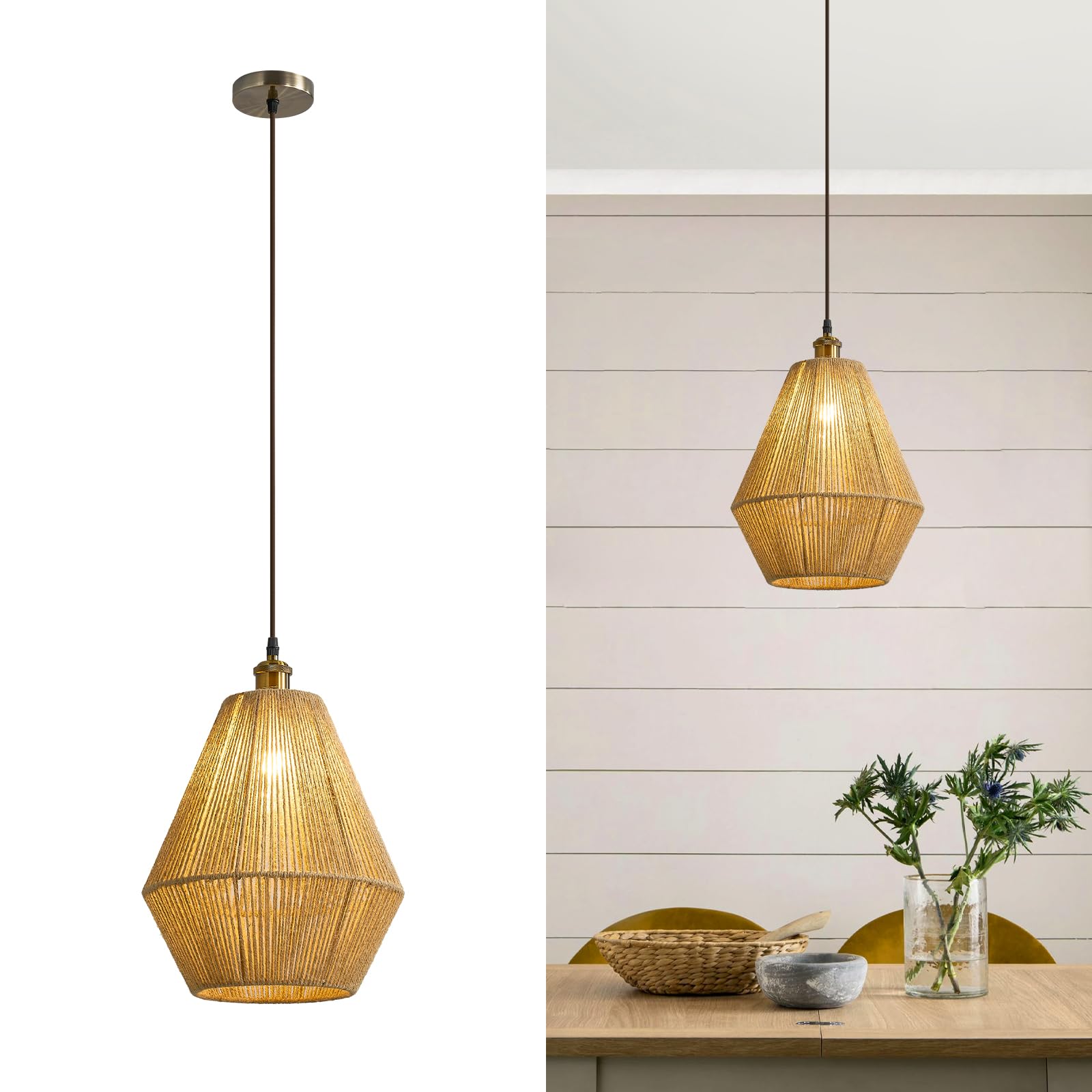 NUODIFAN Hängelampe aus Juteschnur Deckenleuchte mit Einzellagenschirm Boho Ambientebeleuchtung für Wohnzimmer, Schlafzimmer oder über Esstisch Diamantförmige