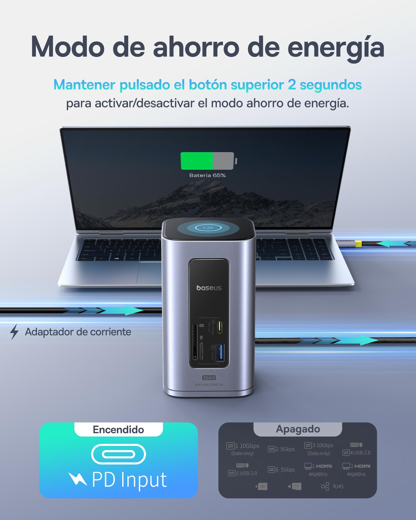 Baseus Nomos Air 12 in 1 Docking Station, Estación de Acoplamiento 2 Monitores para Windows, con 4K HDMI, 10Gbps USB-A/C, SD/TF, 100W PD, Ethernet, Compatible con portátiles HP/Lenovo/DELL/Acer