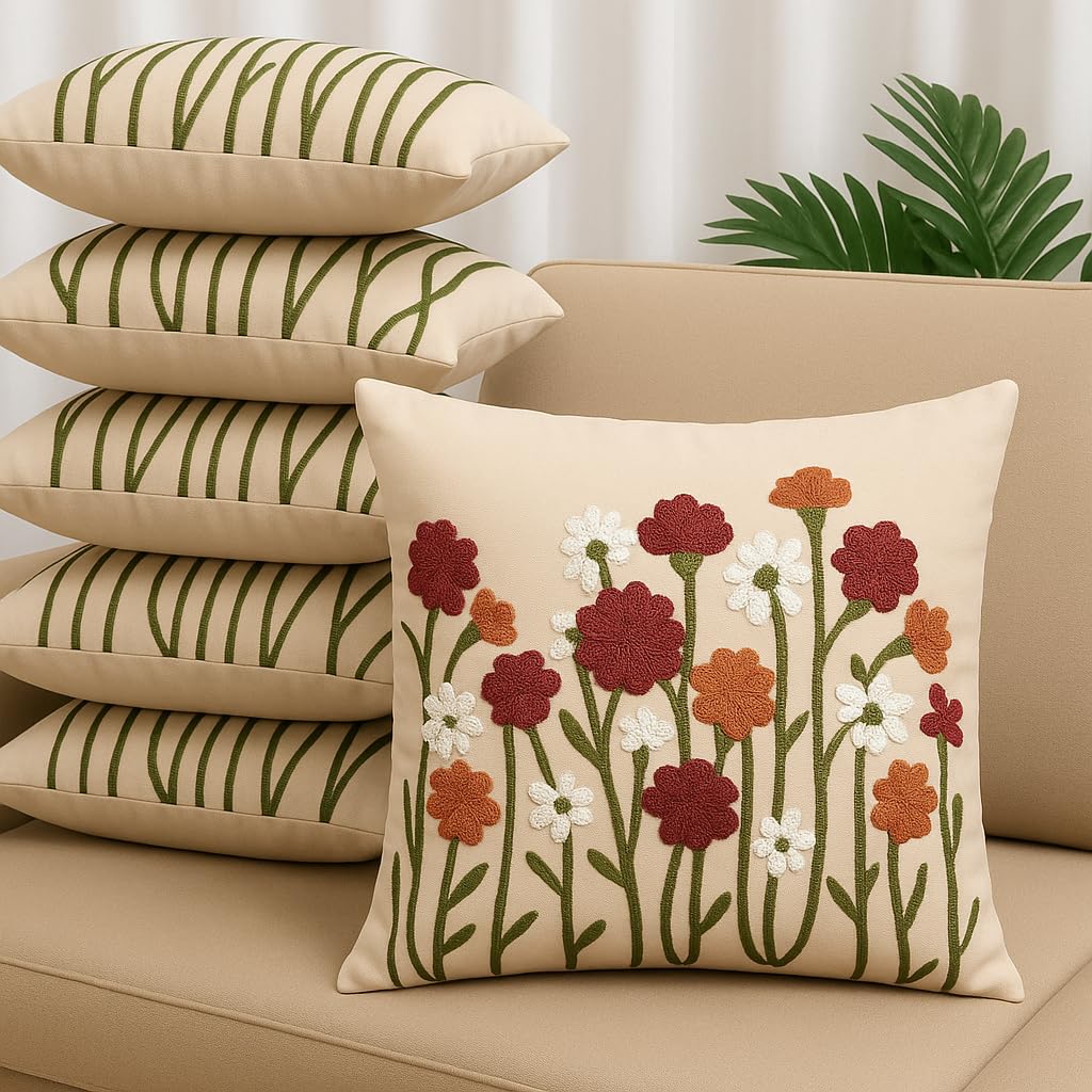 LOFEY Satin Cushion Covers Set of 5 | 16 inch x 16 inch (40x40 cm) MultiFloral Decorative Sofa & Bed Pillow Covers for Living Room & Bedroom Decor (Without Filler) (Beige)-image-21