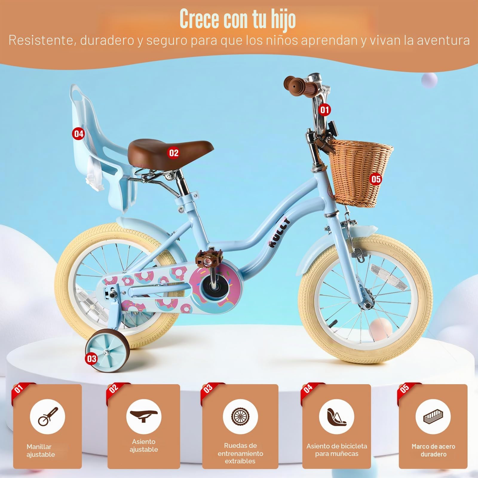 RULLY Bicicleta infantil para niña, bicicleta de ejercicio con ruedas estabilizadoras, cesta y asiento de muñeca, asiento ajustable, bicicleta para niños de 2 a 7 años, color rosa, morado, azul