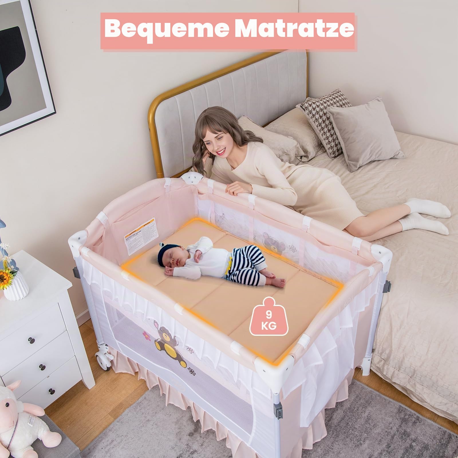 FANTASK 4 in 1 Babybett mit Matratze, Beistellbett mit abnehmbarem Baldachin, Spielbogen & Musikbox, Baby Reisebett mit Rollen, Kinderreisebett für Baby 0-36 Monate (Rosa)