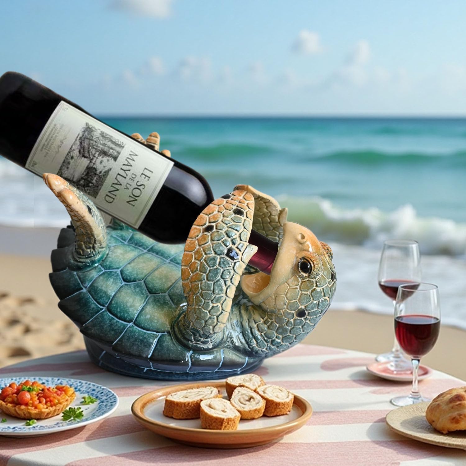 Sea Turtle Wine Bottle Holder Rack Countertop Beach Room Coastal Decor Nautical Party Decorations for Kitchen Dining Room Cabinet - Gift for Ocean Lovers