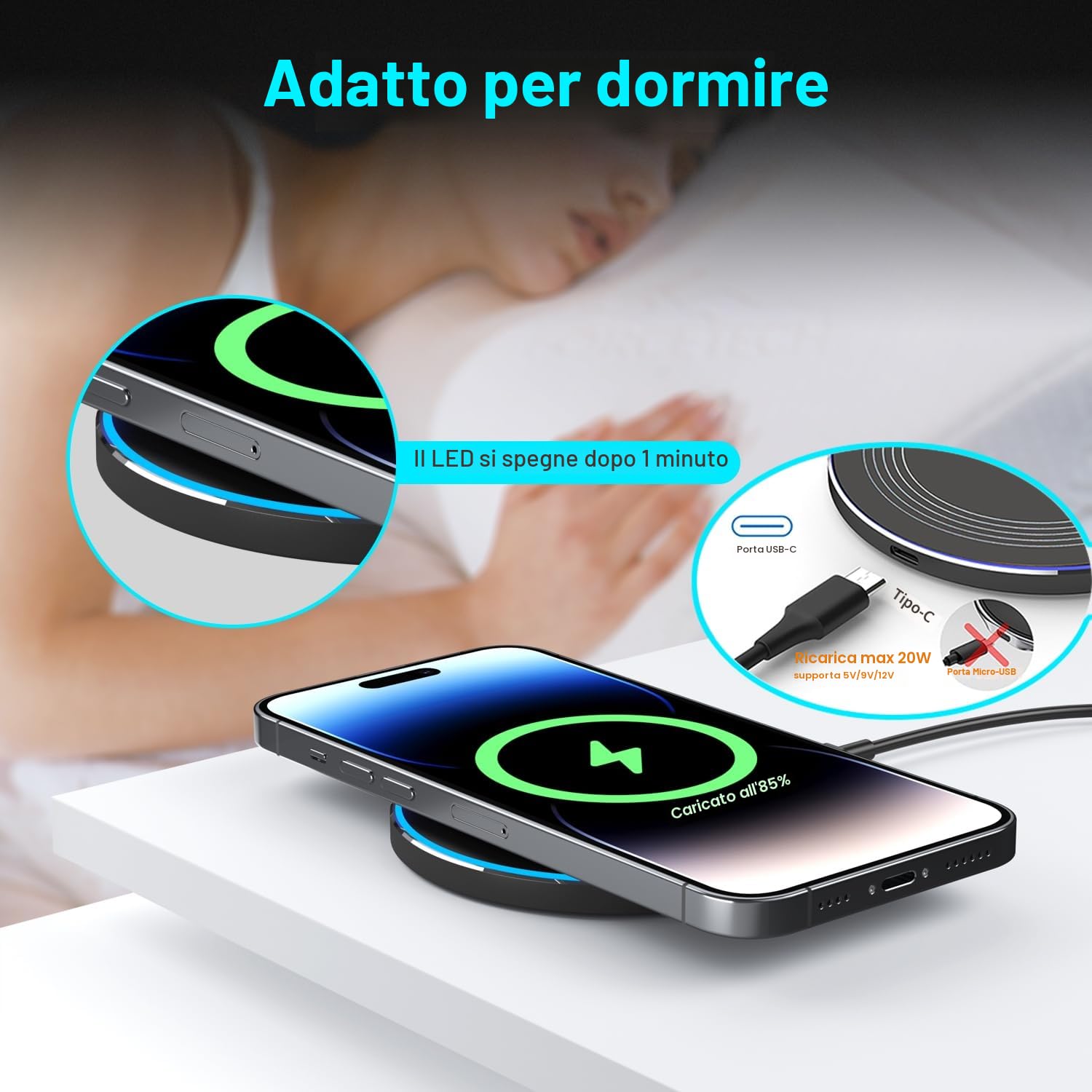 Caricatore Wireless Charger, 20W Max Caricatore Senza Fili Portatile Rapida Caricabatterie Wireless per Apple iPhone 16/15/14/13/12/11/SE/X/8, Caricatore per Samsung Galaxy S23 S22 S21, Pixel, Huawei