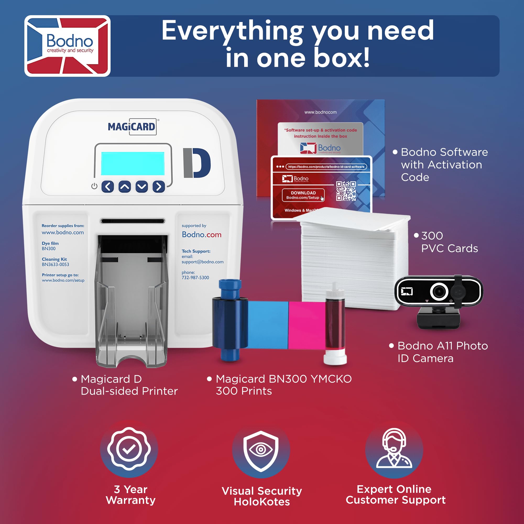 Bodno Magicard D Dual Sided ID Card Printer & Complete Supplies Package ID Software - Bronze Edition