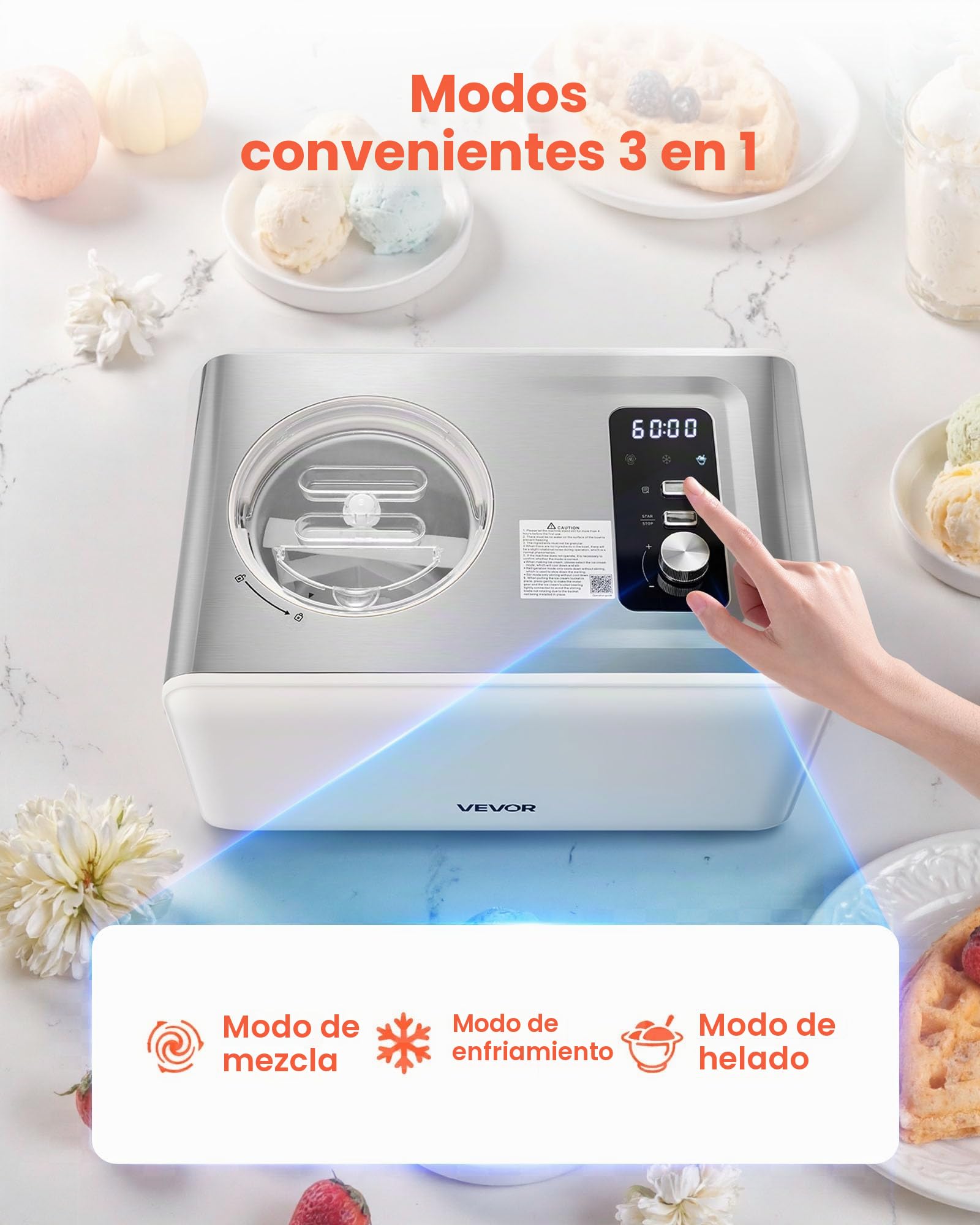 VEVOR Máquina Automática para Hacer Helados 2 L con Compresor Incorporado sin Precongelación Heladera Automática de 3 Modos 425 x 290 x 245 mm con Tapa Transparente para Cocina Doméstica, Blanco