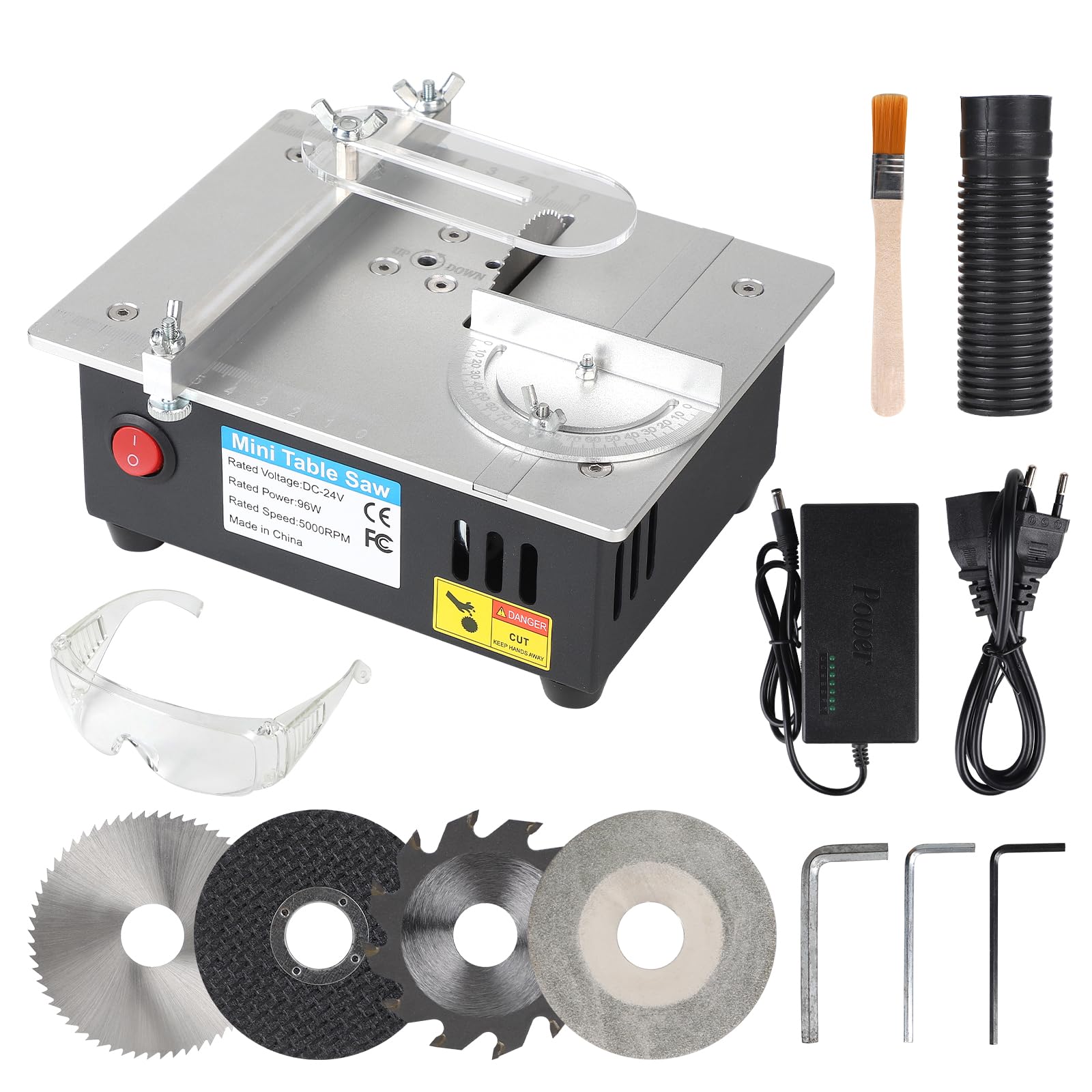 EFUTURETIME Mini Scie Circulaire de Table, 0-15 mm de Coupe Réglable, 96W Scie à Table avec 4 Lames de Scie Circulaire, Alimentation à 7 Sorties Réglables, pour DIY, Découper de Petits Matériaux
