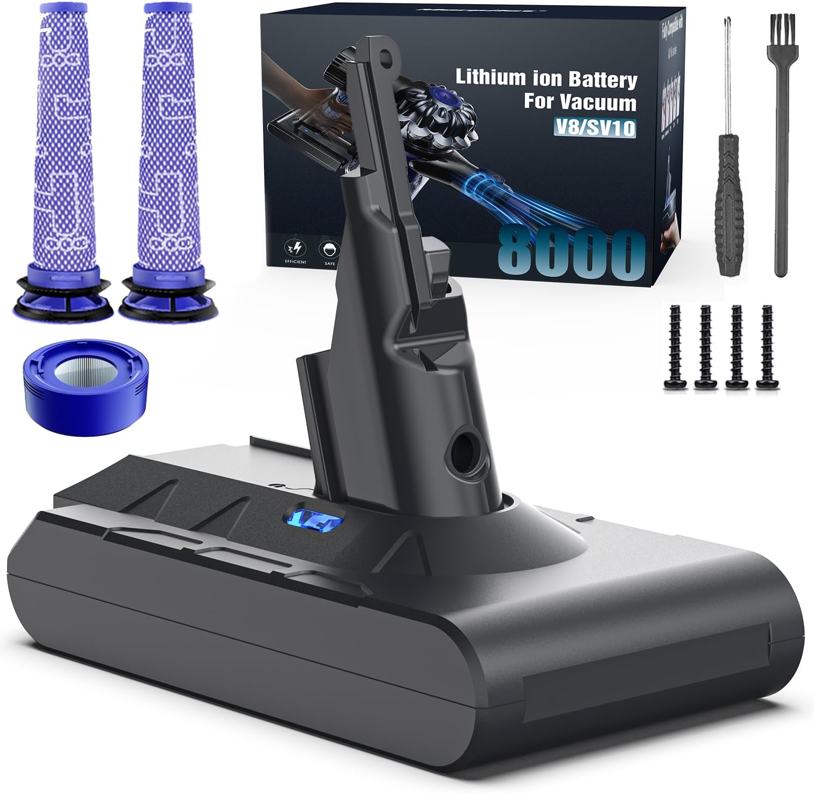 8000mAh Rechargeable Replacement Battery for Dyson V8 Series Vacuum Cleaners, Providing 60 Minutes of Runtime in Standard Mode, Installs in Just 3 Minutes, Includes 2 Pre Filter and 1 Post Filter