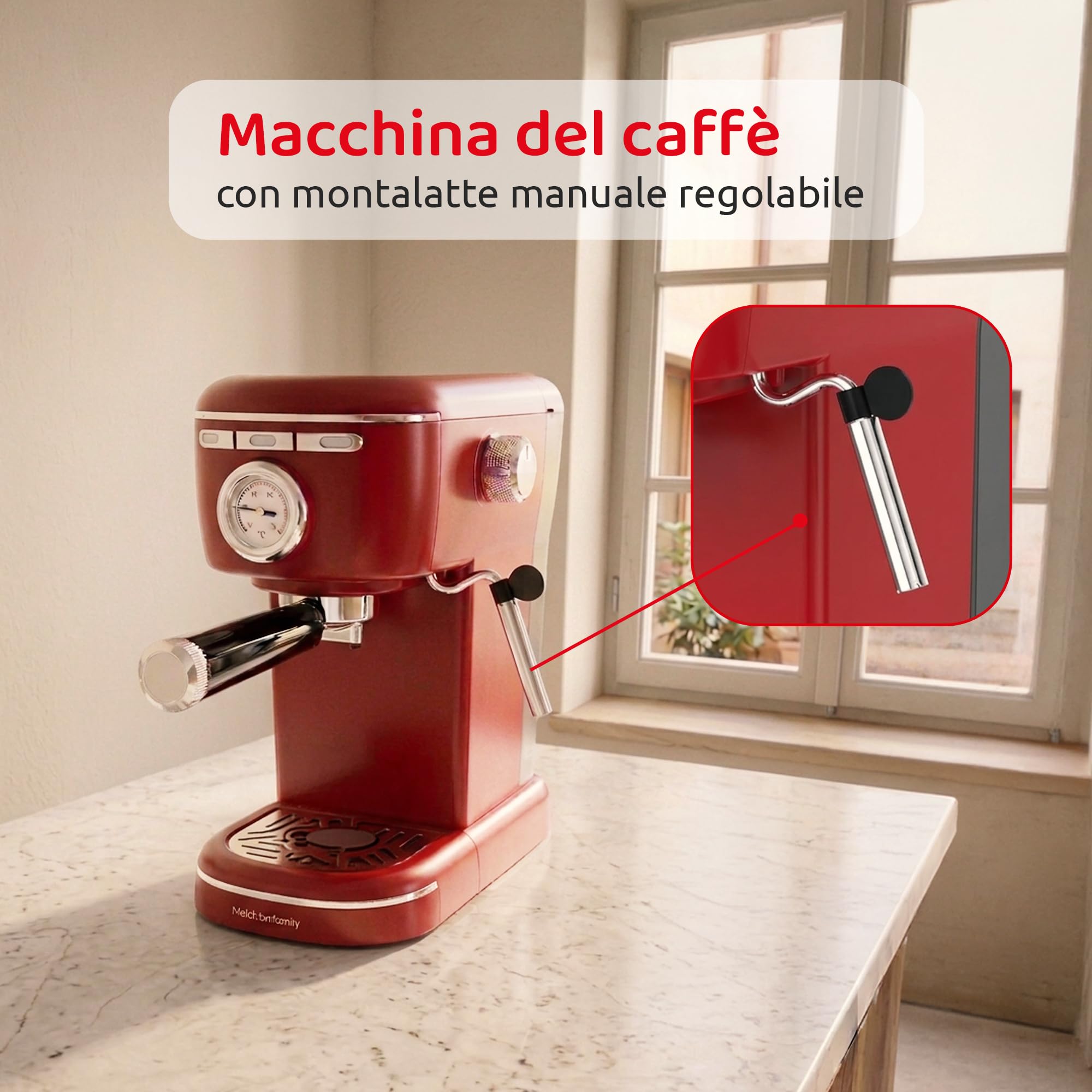 Melchioni Aromatica Plus ekspres do kawy 3 w 1, kompatybilny z kapsułkami Nespresso i kawą mieloną - ciśnienie 15 bar - 1100 W - zbiornik 1,2 l - wbudowany spieniacz do mleka - czerwony