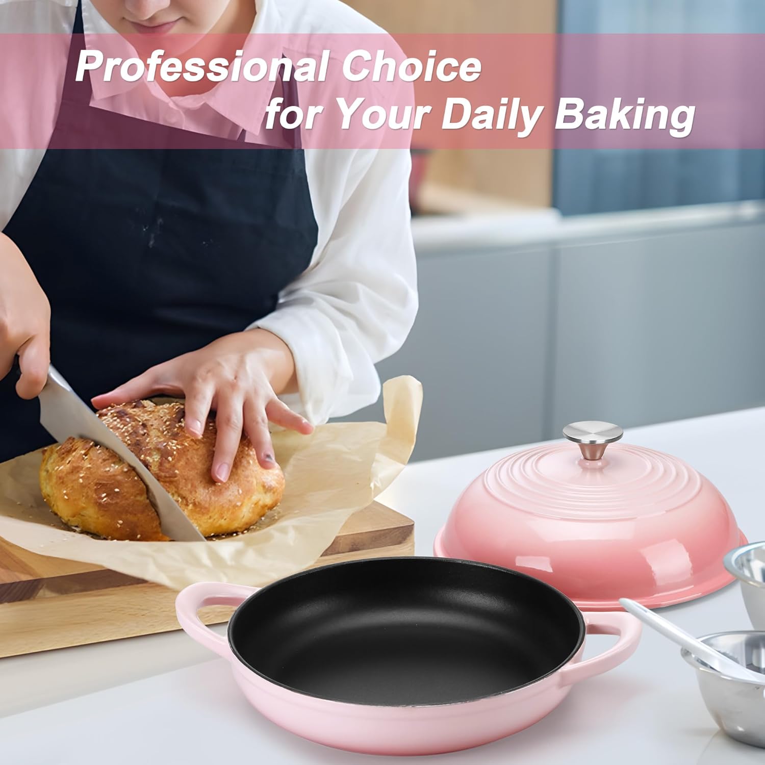 TeamFar Cast Iron Bread Dutch Oven, 6 Qt Enameled Dutch Oven Pot for Sourdough Bread Baking, with Tall Dome Lid & Round Base Pan, Self-Basting & Even-Heating, Heavy-Duty & Non-stick, Pink - Image 5