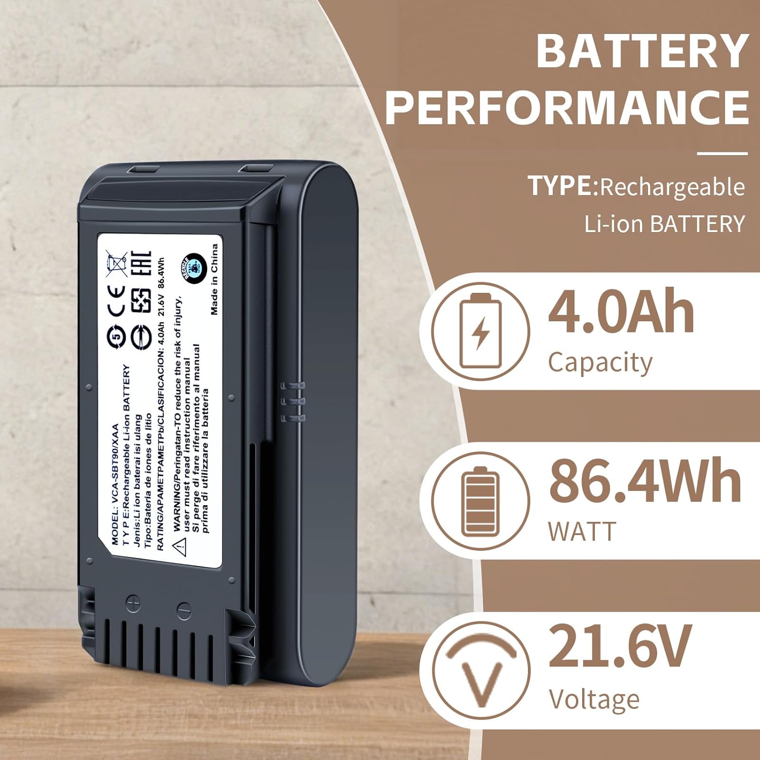 4000mAh Replacement Batteries for Samsung Jet 60, Jet 70, 75, 75+, Jet 90, and 90+ Series Cordless Handheld Vacuum Cleaners. Replacement Models: VCA-SBTA60, VCA-SBT90, VCA-SBT90EB