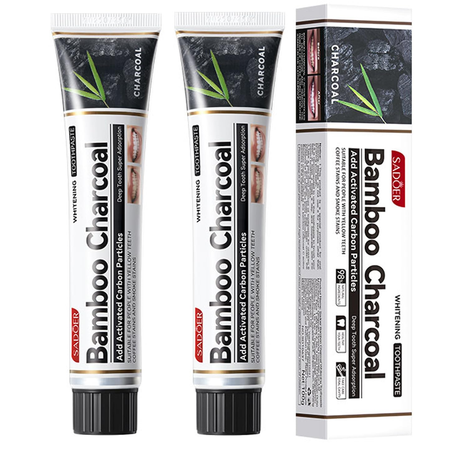 2PCS Charcoal Toothpaste, 100% Deep Cleansing Natural Toothpaste, Organic Paste Eliminates Bad Mouth Odor Keeping it Refreshing, Fluoride Free & Paraben Free, 100g