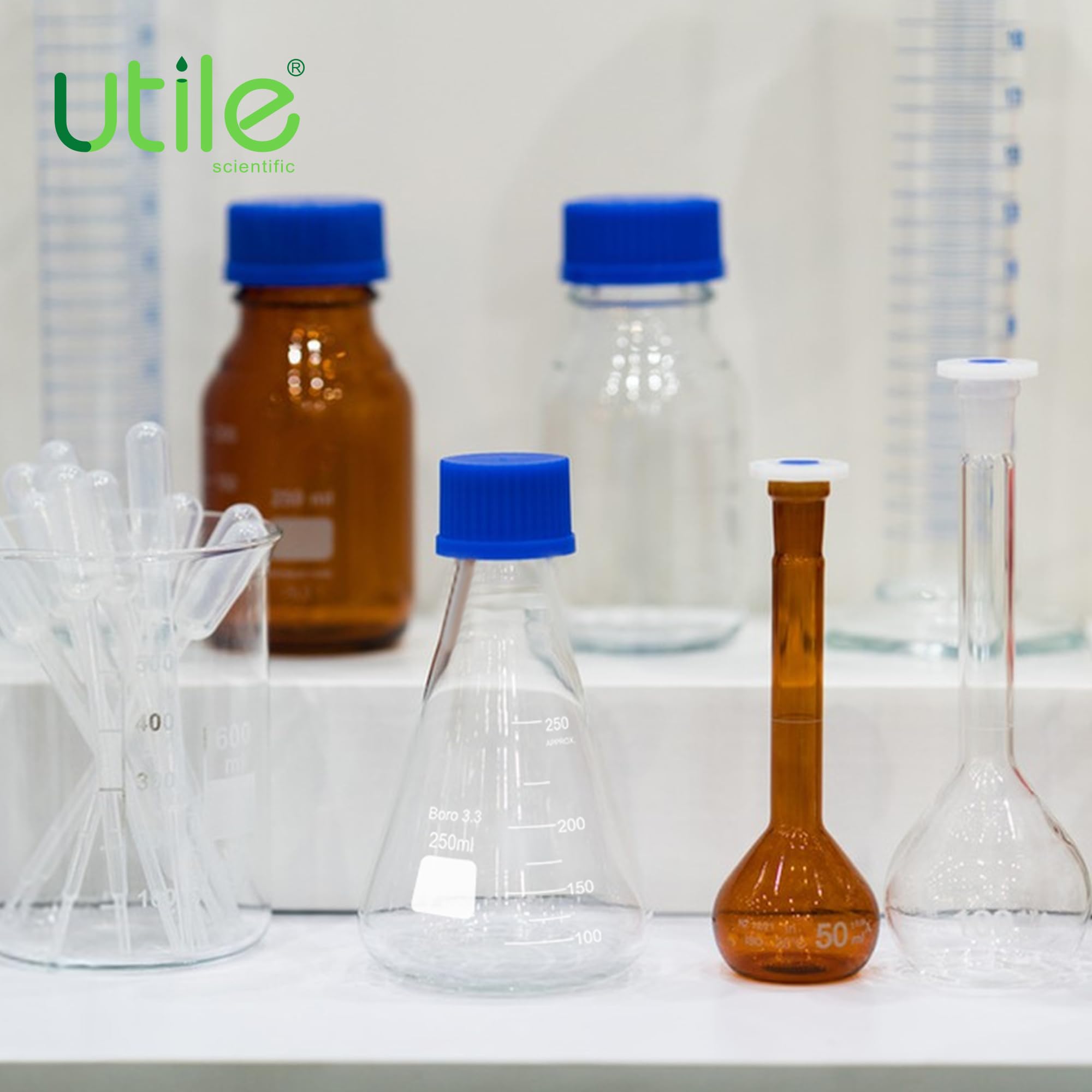 Utile 2 frascos Erlenmeyer de vidrio de 1000 ml con tapa azul, frascos Erlenmeyer de boca estrecha, frasco cónico de vidrio borosilicato 3.3 para experimentos de laboratorio y ciencia química,