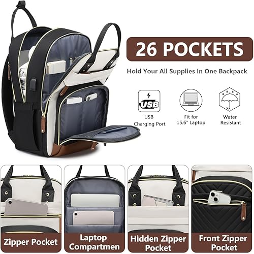 Miniatura 2 de Mochila para laptop para mujer, mochila de viaje de trabajo de 15.6 pulgadas con cargador USB, mochila universitaria impermeable, mochila de