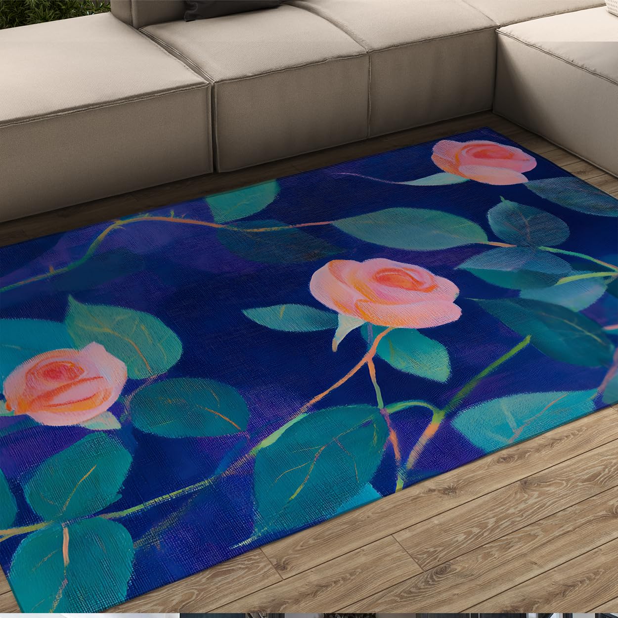 Tapis 90x150cm salon feuilles de plante usées vintage floral bleu vert
