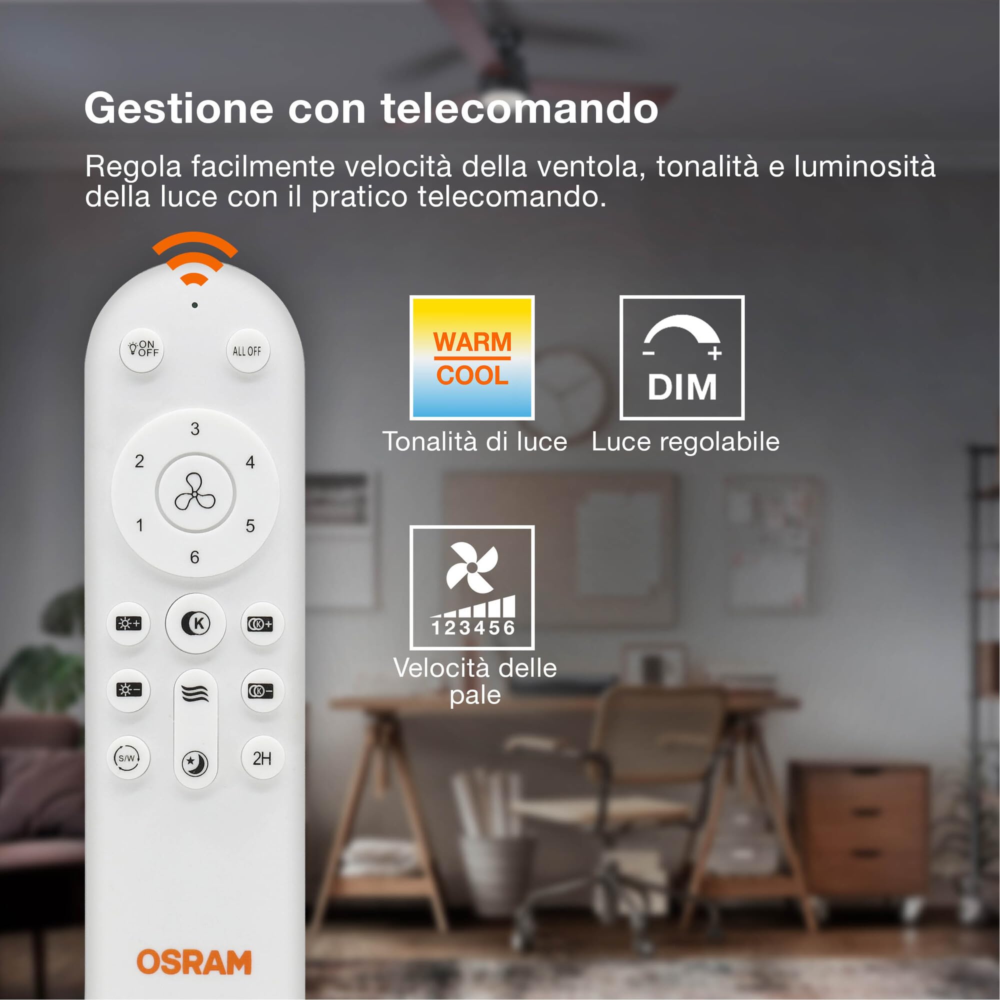 OSRAM Ventilatore da soffitto LED Leste, bianco, 21 W, 1.200 lm, 3000/4000/6500 K, 445 mm, angolo di emissione 110°, durata 20.000 h, IP20, dimmerabile, telecomando incluso