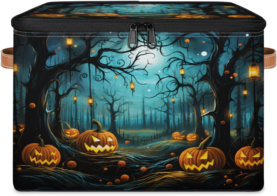 Storage Bin Set of 2 Forest Halloween Pumpkin Storage Basket with Zipper Lid & Handle Foldable Closet Shelf 2 Pack Cloth Organizer Basket Cube Bins Clothes Organizer for Bedroom, Nursery