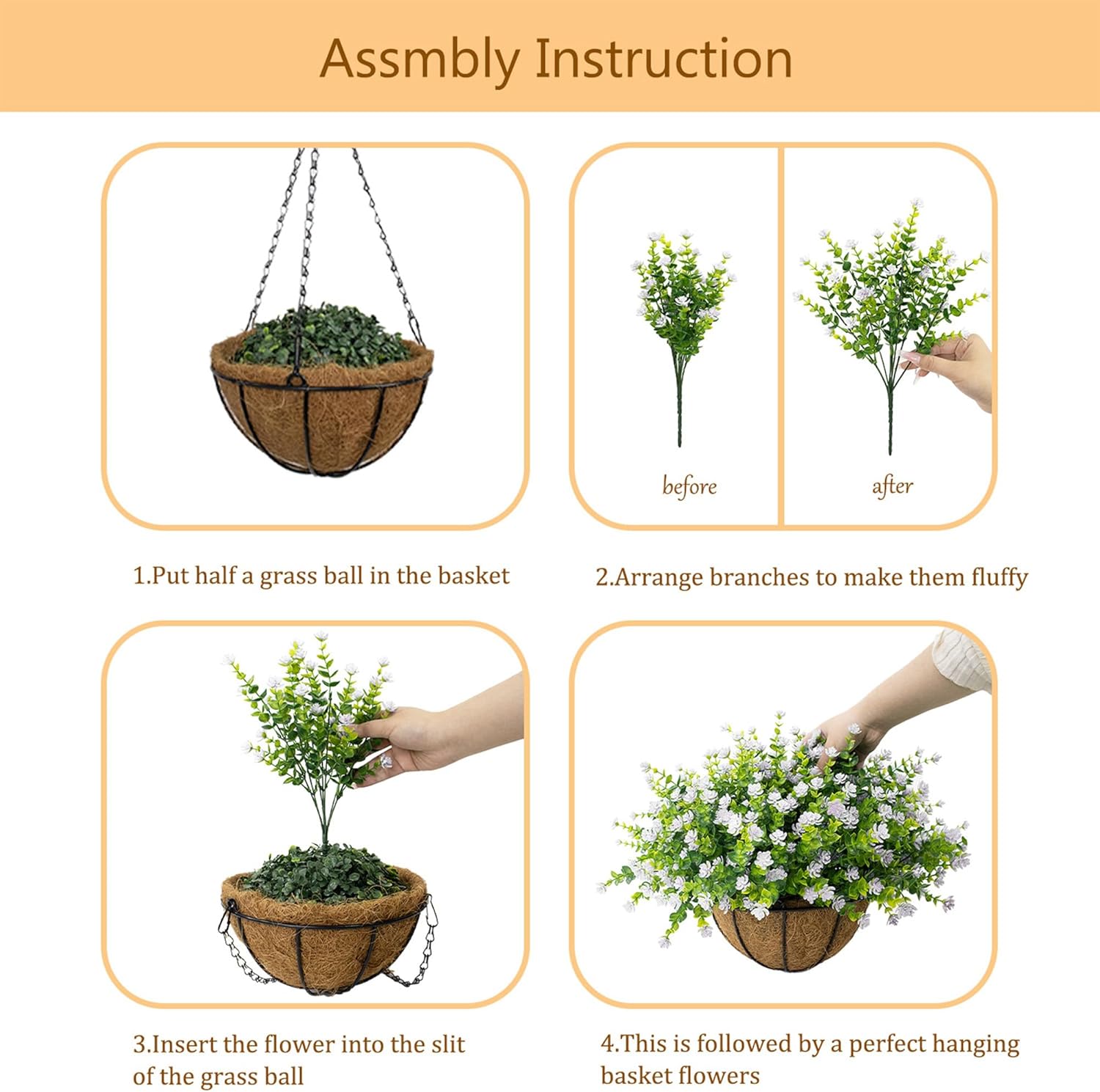 Artificial Hanging Flowers Basket for Outdoor, 16 Fake Flowers Look Real UV Resistant, Faux Hanging Plants for Porch, Balcony, Patio, Garden, Spring Summer Decor,White - Image 7