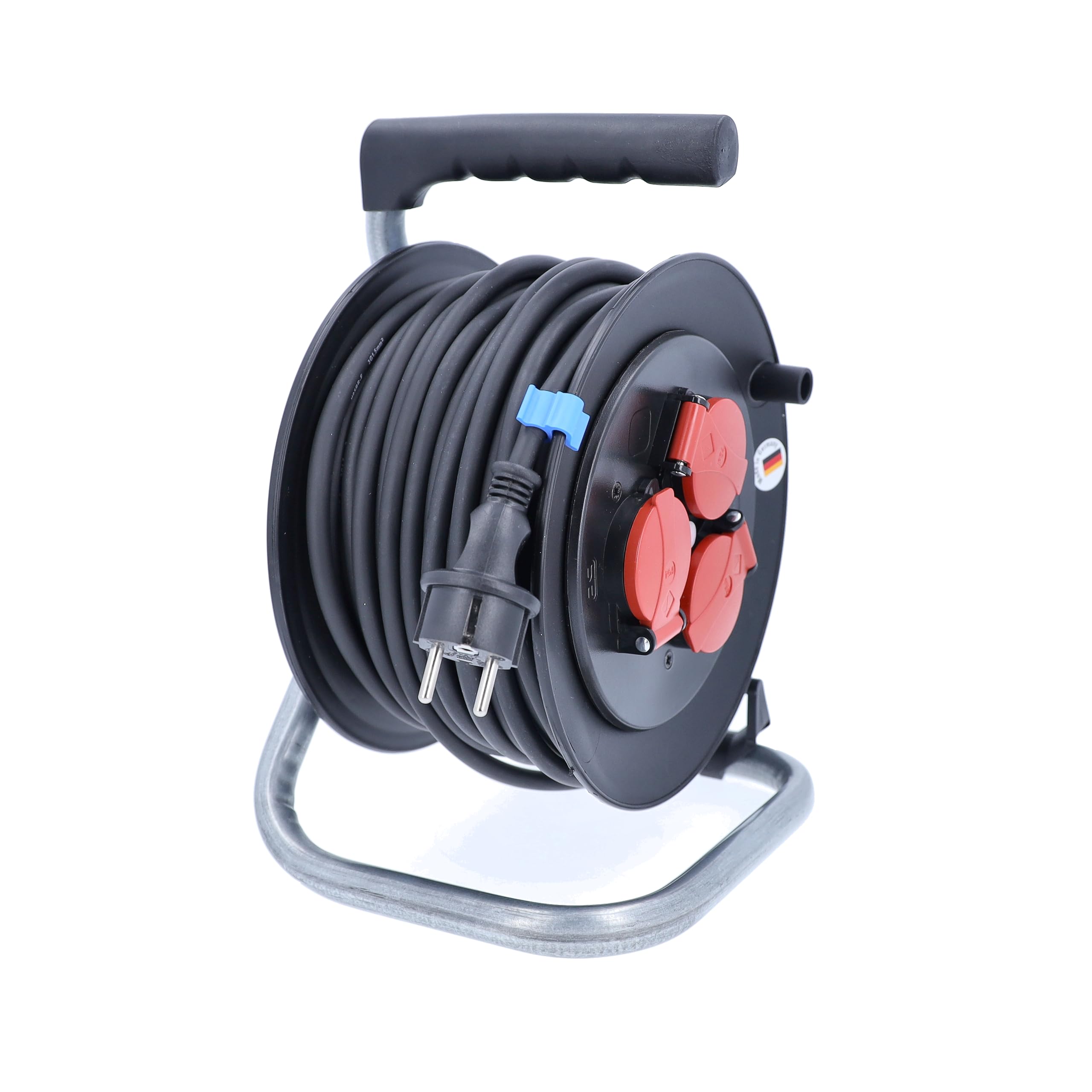 as - Schwabe enrollacables 50 m H05RR-F 3G1,5, IP44 exterior, 3 tomas de corriente con toma de tierra, freno de bloqueo, guía de cable, Made in Germany