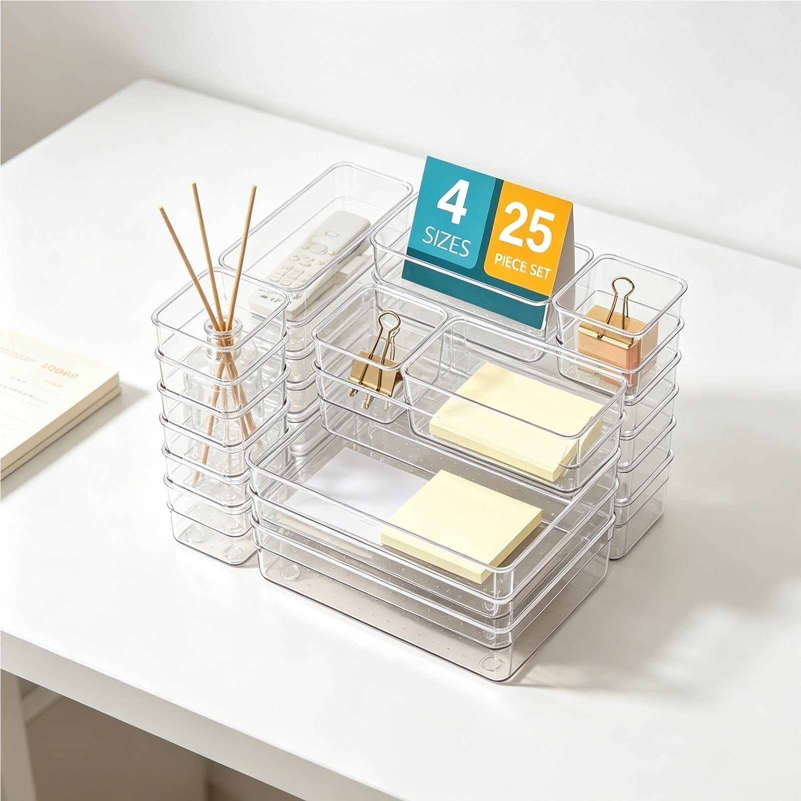 TYNGBT 25-Piece Clear Drawer Organizer Dividers, Plastic Storage Trays for Makeup Kitchen Office