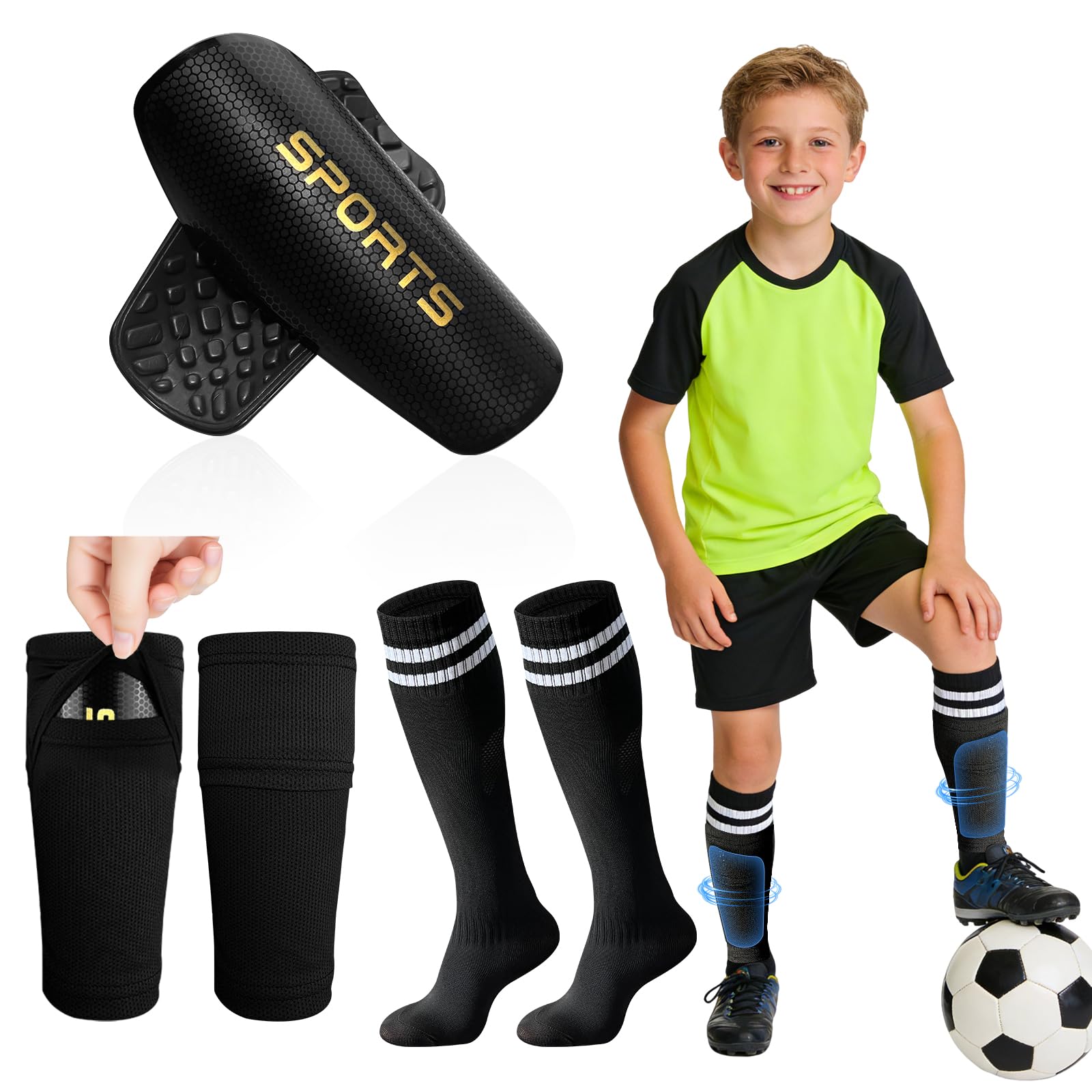 Espinilleras de fútbol para niños, jóvenes y adultos, incluye mangas optimizadas con bolsillos y calcetines de agarre, protección de fútbol para niños y niñas de 3 a 15 años (negro, M)