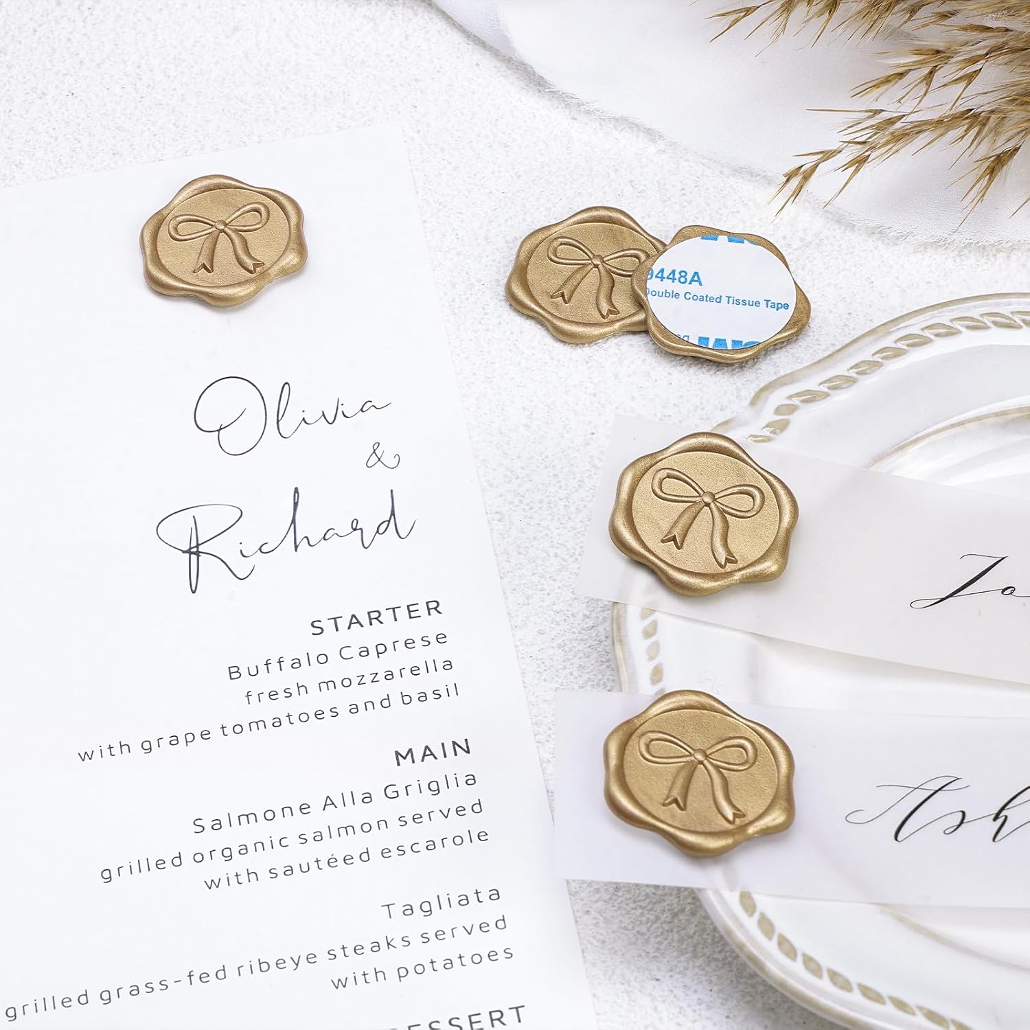 UNIQOOO 3D Bow Wax Seal Stickers - 50 Pcs Elegant Self-Adhesive Metallic Light Gold Seals, for Wedding Invitations, Gift Wrapping Decals,Envelopes, Christmas & Party Decor, Greeting Cards