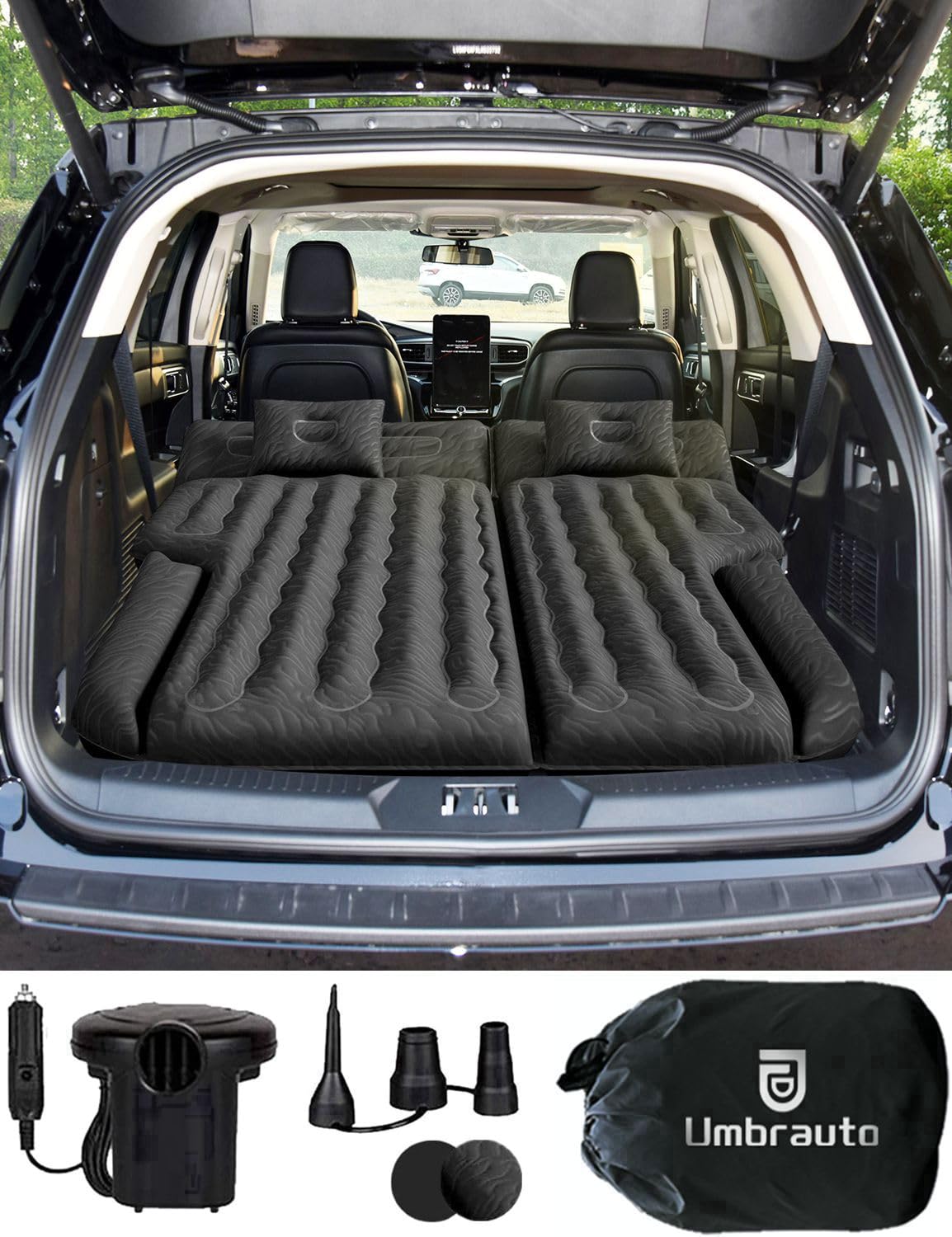 UmbrautoSUV Air Mattress for Trunk: Upgraded Car Camping Mattress with Flocked Surface and Extra Thick Bottom, Van Sleeping Bed for Back Seat with Pump, Nozzle, Repair Patch, Carry Bag