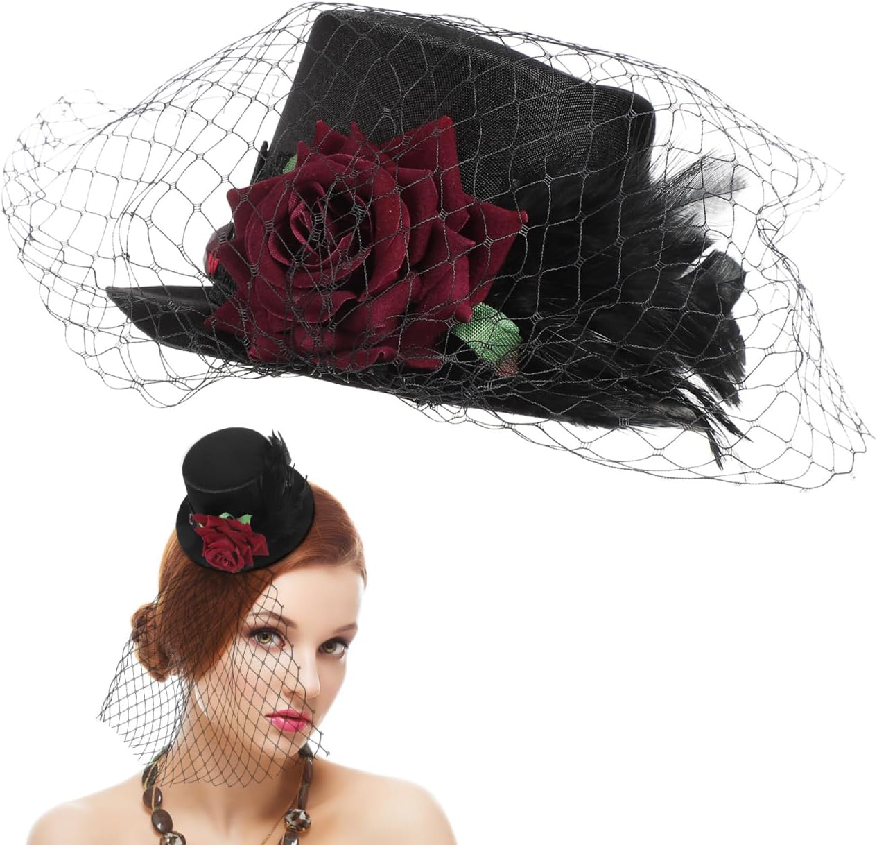 Gatuida Fascinators Hat Flower Mesh Feathered Hat with Clips Tea Party Headwear for Women and Girls, Vintage Style Red Rose Cocktail Hair Clip for Wedding