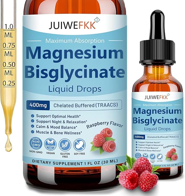 Gotas Líquidas de Magnesio Bisglicinato – Quelato Patente de Glicinato de Magnesio 400mg para un Sueño Reparador, Relajación Muscular y Calma – Sabor a Frambuesa, Suave para el Estómago – Vegano, No OGM para Adultos Gotero 1 Onza Líquida (Paquete de 1)