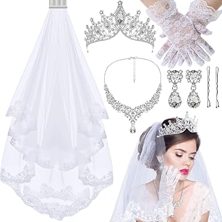 Quelay 5 Pcs Halloween Costume Black White Goth Choker Set Veil with Comb Jewelry Crown Tiara Lace Necklace Earring for Women