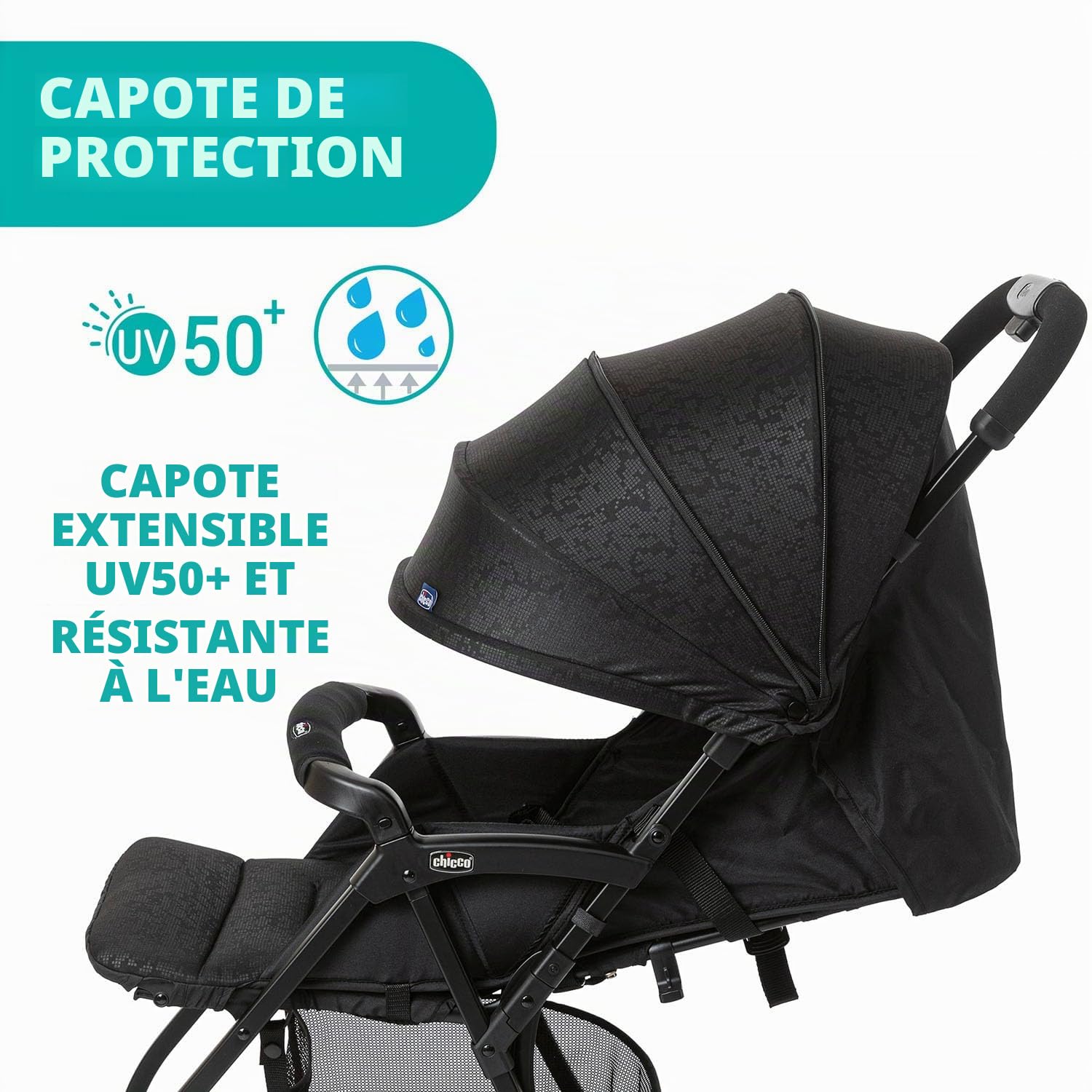 Chicco OHlalà 3 Poussette Canne Bébé Ultra légère, Compacte, Pliable et Inclinable de la Naissance à 15 kg, avec un Grand Panier, Housse de Pluie Incluse, et Toit Extensible - Jet Black