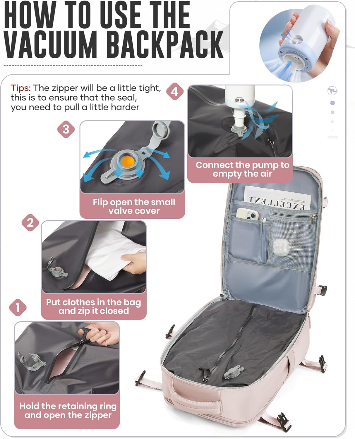 Vacuum Backpack with Pump for Women Men, Compression Backpack for Travel, Vacpack for School Business Trip, Lightweight Airback Backpacks with Vacuum Seal, Carry On Bag for Airport(Pink Large) - Image 6