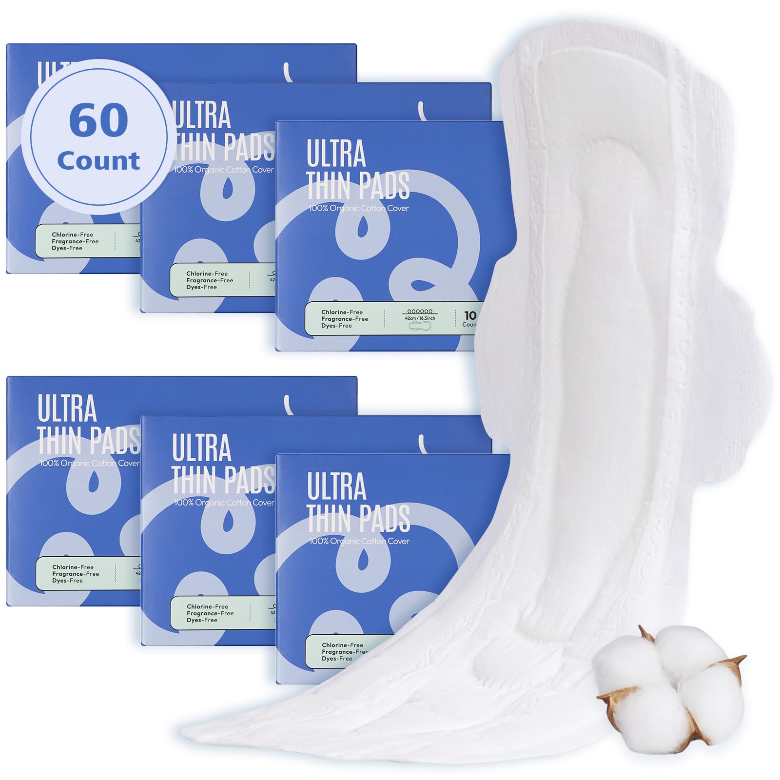 100% Organic Super Long Overnight Pads for Women Ultra Thin Sanitary Pads with Wings, Extra Heavy Flow Feminine Pads Ultimate Absorbency Extra Coverage Period Pads (Extra Long Overnight, Size 6, 60ct)