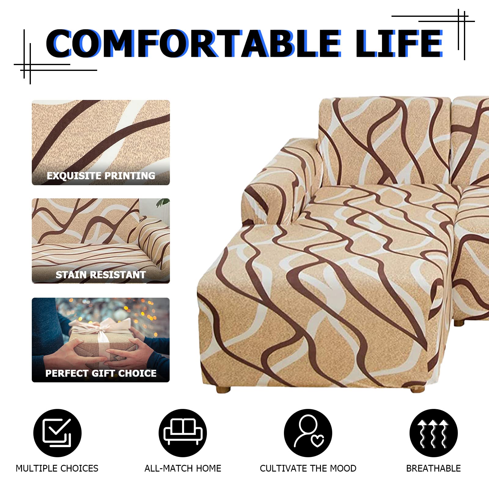 Lydevo Copridivano con Penisola Elasticizzato,Copridivano Angolare a Sinistra/Destra Universale con 2 Federi,Fodere Divano Penisola Forma di L,Chaise Longue Sofa Cover(2 Posto+2 Posti,Linee di Caffè)