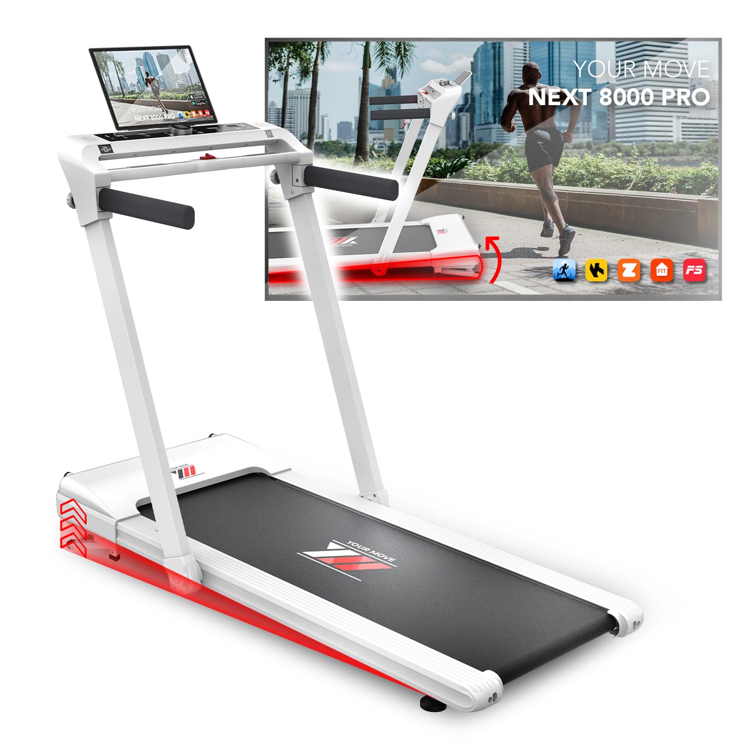 YM Tapis Roulant Elettrico 18 km/h, INCLINAZIONE Automatica, Superfice Corsa XXL, Salvaspazio Pieghevole, 2 Sistemi di Controllo (TASTI o GESTUALE), APP Interattive Bluetooth, NEXT 8000 Your Move