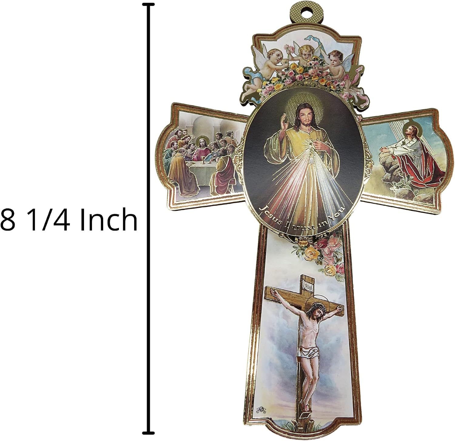Needzo Divine Mercy Jesus Christ with Cherub Angel Wooden Hanging Icon Cross, Catholic Wall Art Plaque, 8 1/4 Inch