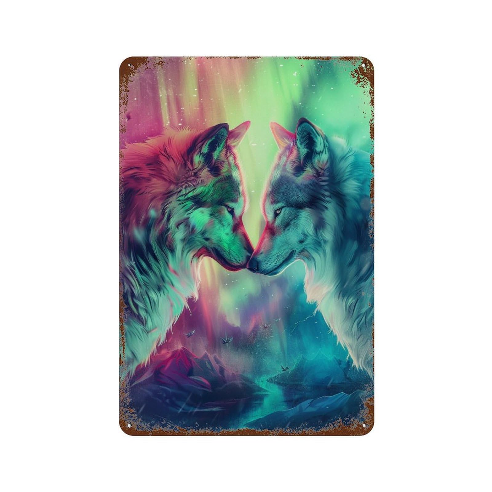 Vintage Rust Metal Sign Wolf Love Aurora 11.8"x7.9", Old School Wall Decor for Office, Studio And Wall Decor