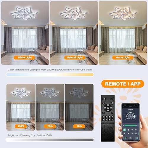 Miniatura 3 de Ventilador de techo con luz, moderno ventilador de techo de montaje empotrado para interiores con luz LED regulable y control remoto, 3 temperaturas