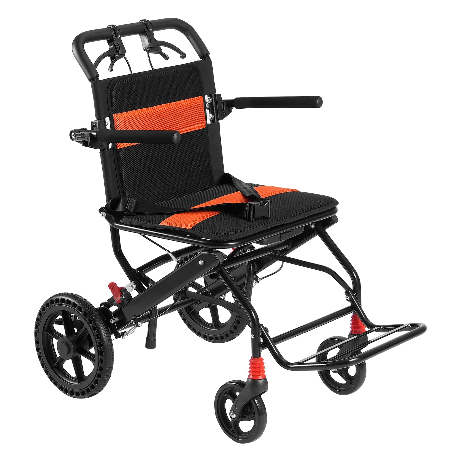VEVOR Silla de Ruedas Plegable de Transporte Ultraligera de Aleación de Aluminio para Adultos, con Brazos Abatibles hasta el Largo del Escritorio, Freno Autoblocante, Carga 100 kg, 915 x 580 x 912 mm
