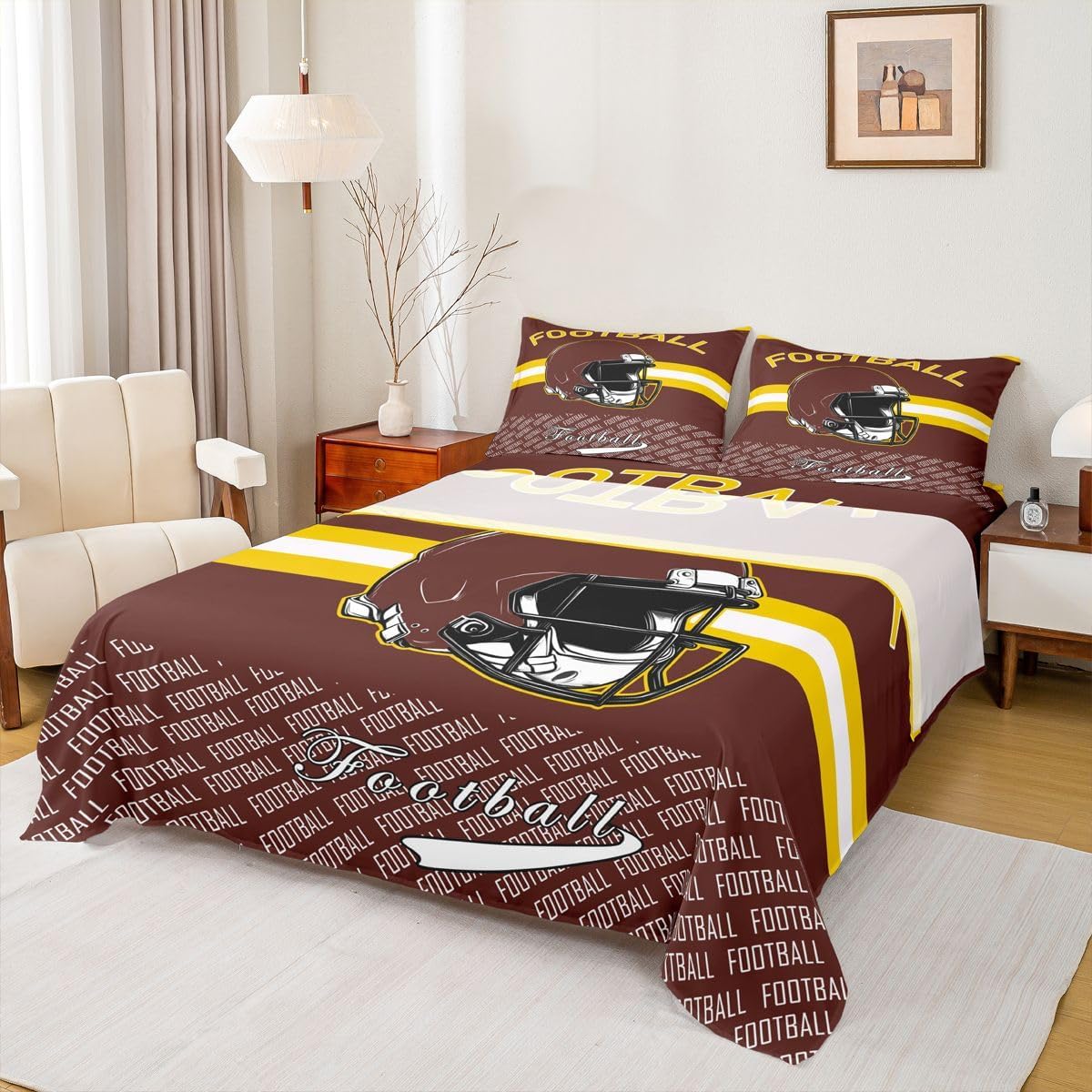 Feelyou Football Bed Sheets Set Queen Size Sports Deep Pocket Fitted Sheet Football City Bedding Sets Sports Games Soft Bed Set 4Pcs with 2 Pillow Cases