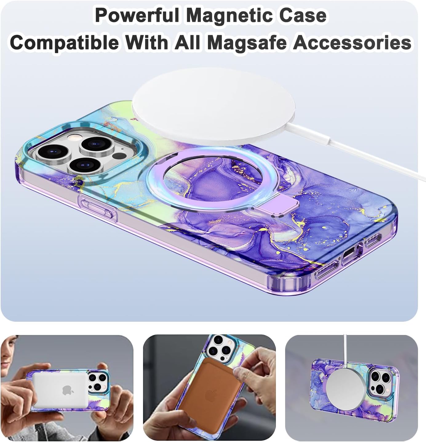 Lamcase for iPhone 13 Pro Case with Magnetic Invisible Ring Stand [Compatible with MagSafe], Full Body Rugged Slim Women Men Girl Shockproof Marble Pattern Design Case, Violet - Image 2