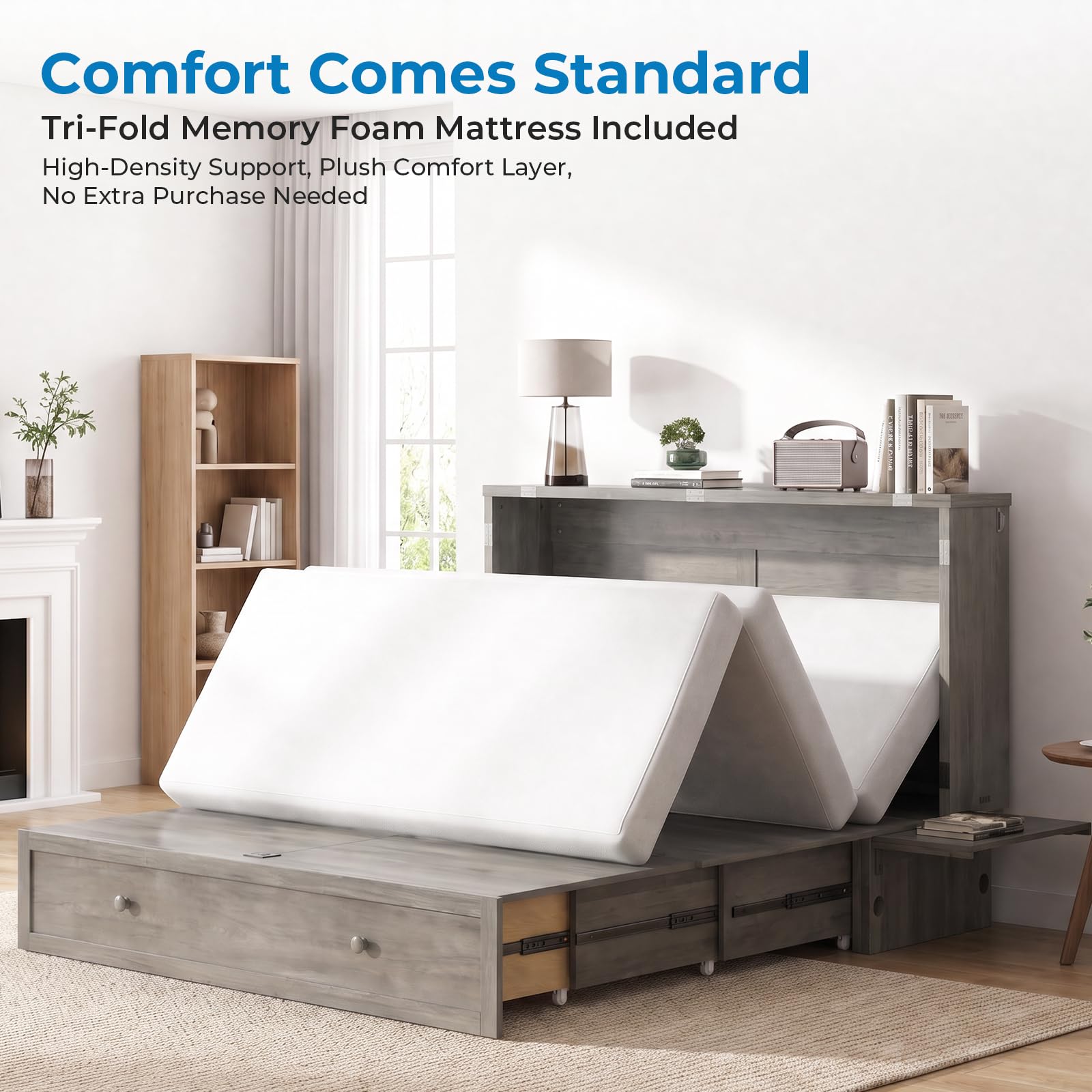 Mjkone 163 CM W Queen Size Murphy Bed with Tri-Folding Mattress, Grey