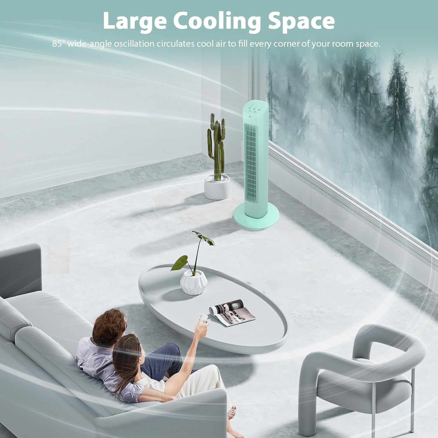 Antarctic Star Tower Fan 85°Oscillating Quiet Cooling 15H Timer Remote Control Powerful Standing 3 Wind Speed 3 Wind Modes LED Display Bladeless Portable LED Display,Bedroom Office, Green